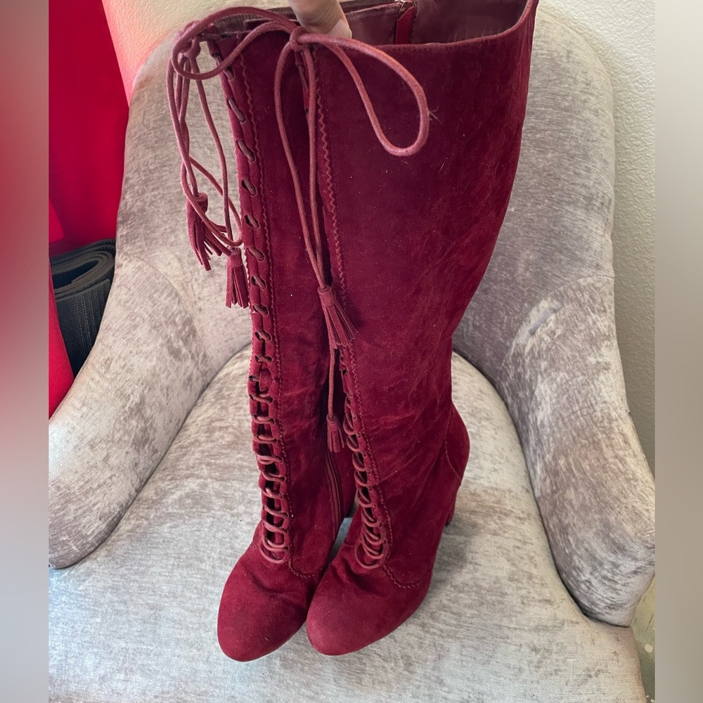 Red suede lace-up boots- size 10
